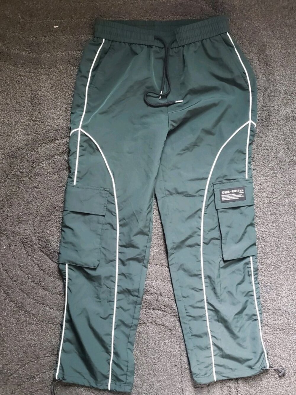 Men's Green Baggy Track Pants Drawstring Adjustable Waist Polyester S